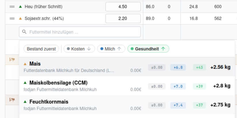Intelligent feedstuff selection when editing a ration in fodjan